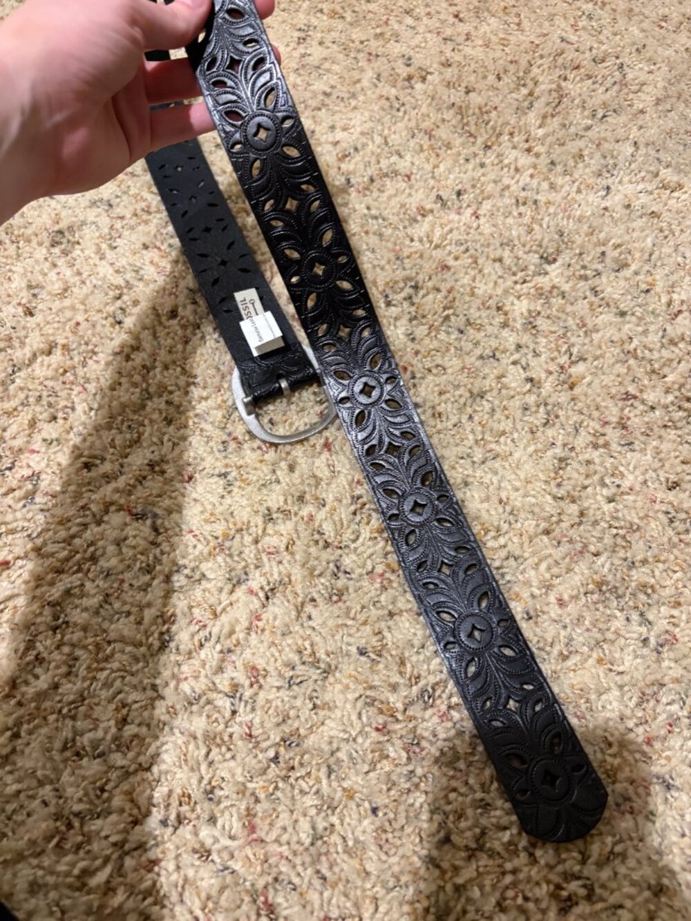 Fossil Floral Perforated Strap Belt Black Silver Buckle - Picture 11 of 14